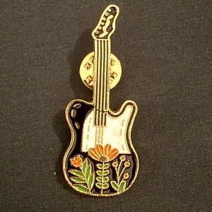 Women’s Accessories Black, White, and Gold Guitar with Floral Design Enamel Pin